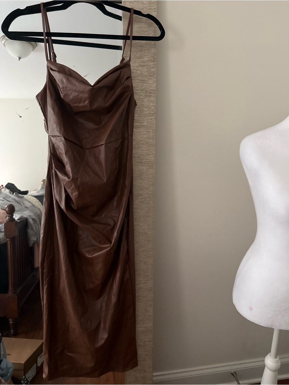 SHEIN Brown Faux Leather Midi Slip Dress